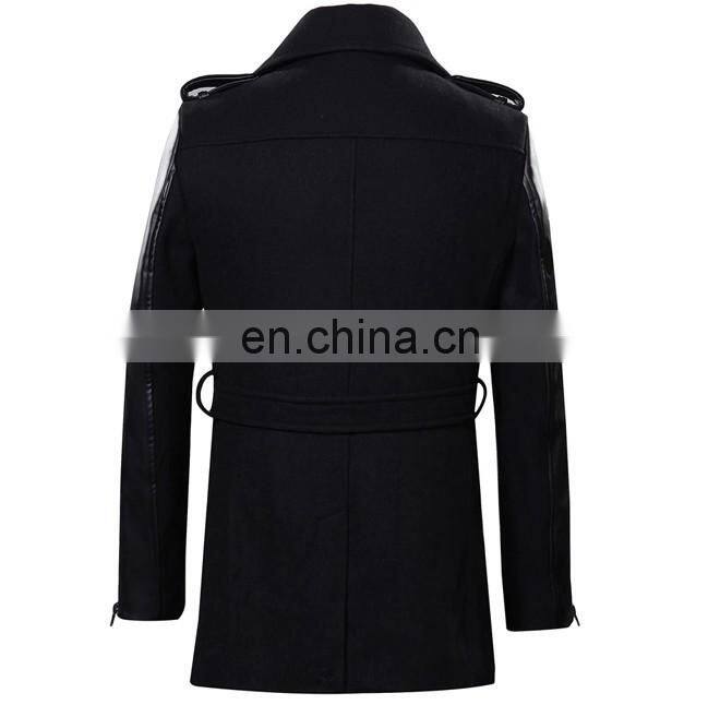 Fashion Design European Style Front Zipper Men Woolen Leather Sleeve Trench Coat With Belt