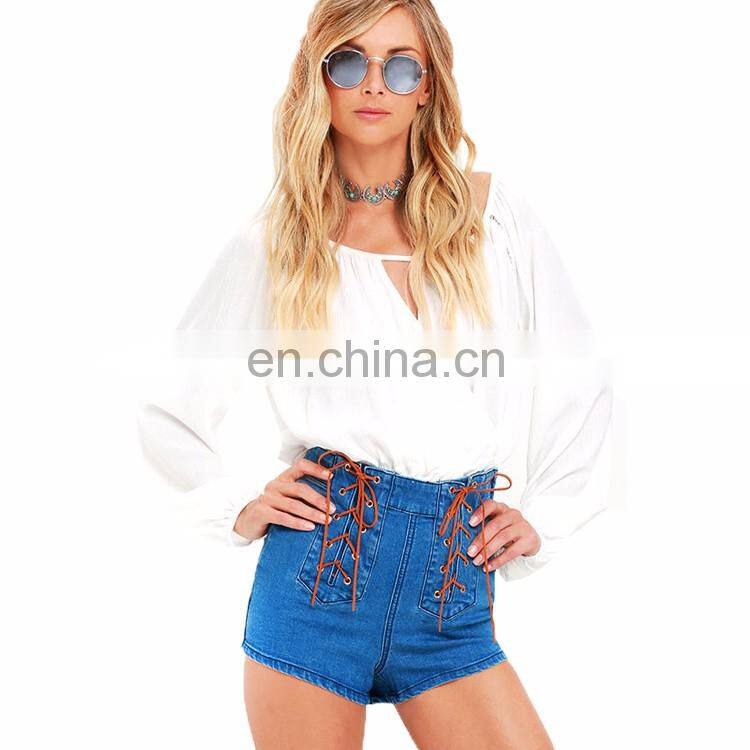 Wholesale Women Fashion Medium Wash High Waist Jean Pants Lace-up Summer Ladies Denim Shorts