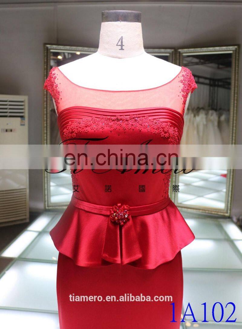 1A102 Red Sash Satin Flower Beaded Column Back See Through Evening Dress Prom Dress