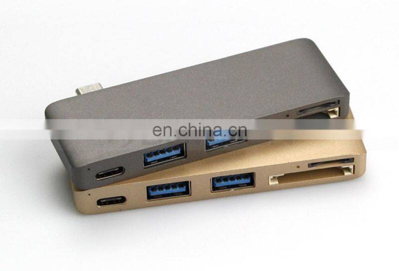 Aluminum Multi-Port Adapter Type-C USB 3.0 5 in 1 Combo Hub with USB-C Charging Port,2 USB 3.0 Ports, SD/Micro Card Reader