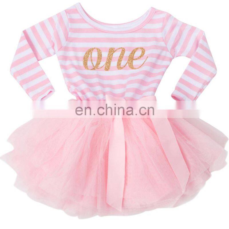 Fashion children party frock dresses long sleeves baby girls striped puffy party dress