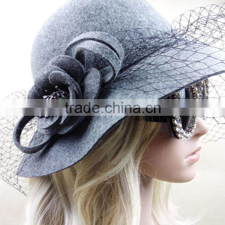 Hot Sale Women's Wide Brim Wool Felt Hats With Veil Fascinator