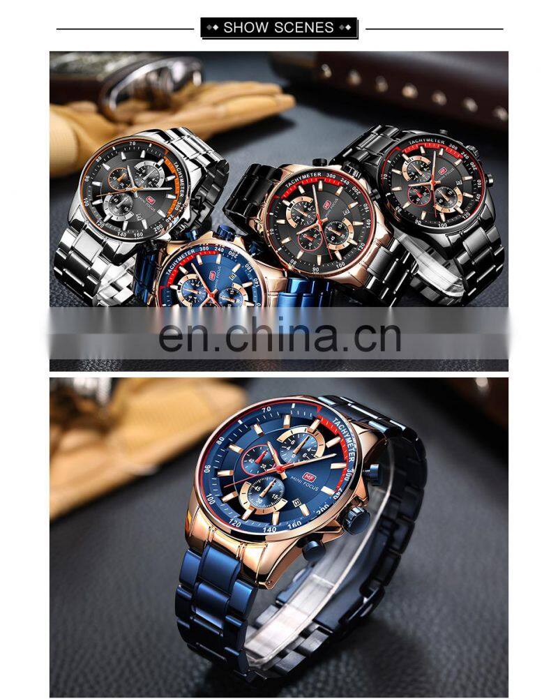 MINI FOCUS MF0218G Men's Quartz Watches Stainless Steel Strap Waterproof Chronograph Men Watches Wrist