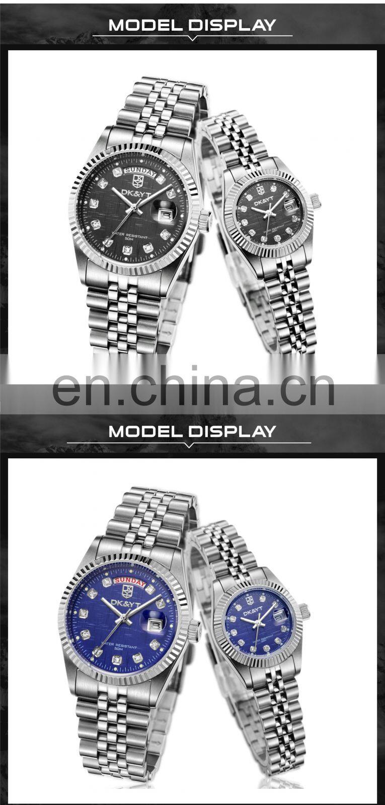 DK&YTMarried 2 Tones Couple Watches Stainless Steel Quartz Analog Lover's Diamond Numeral Pair Wristwatch