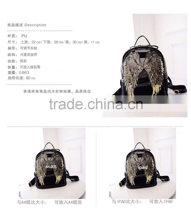Korea fashion paillette women leather backpack outdoor bag