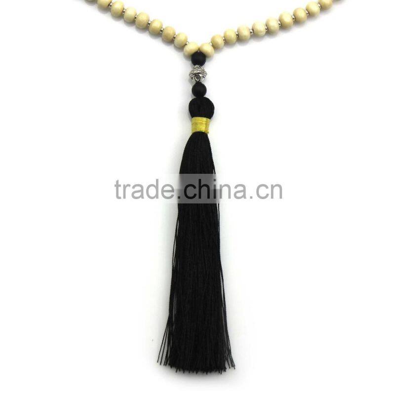 Original Natural Wood Beads Jade Stone Long Tassels Beaded Necklace