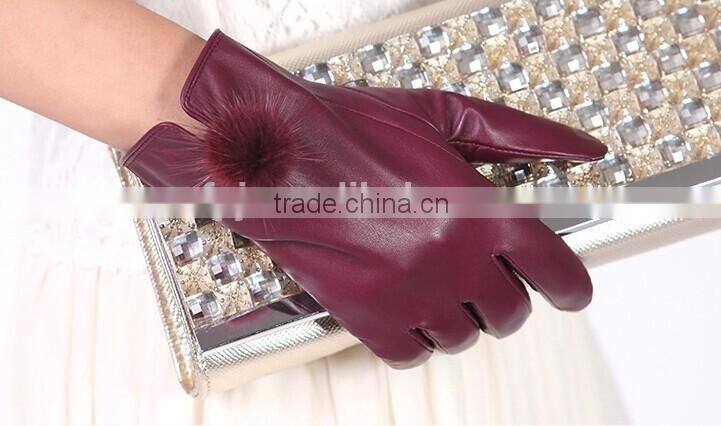 New style women red color sheepskin leather gloves with rabbit fur