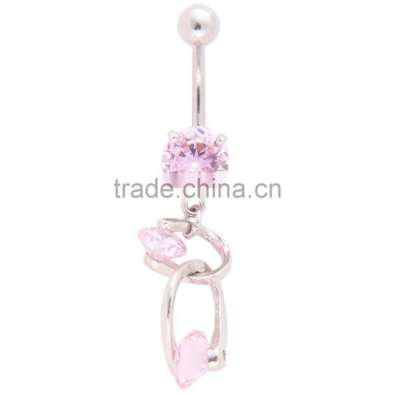 Big Zircon Inlay Dual Hearts lining Dangle Belly Button Naval Ring.