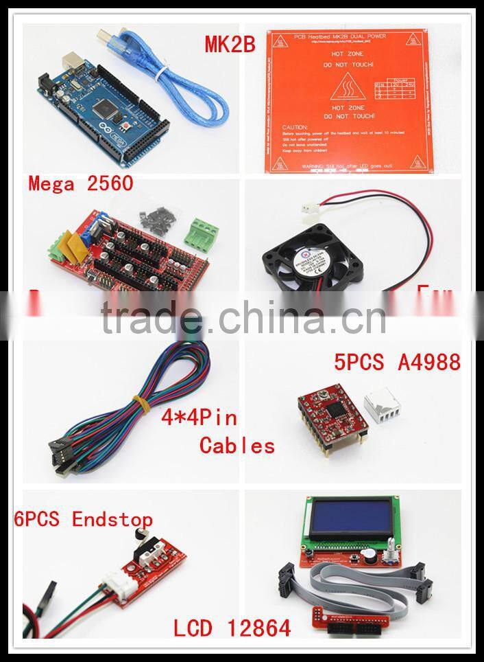 China supplier Ramps 1.4+Mega 2560 + Heatbed Mk2b+12864 LCD Controller+5Pcs A4988 Driver+6Pcs Endstops+Fan For 3D Printer