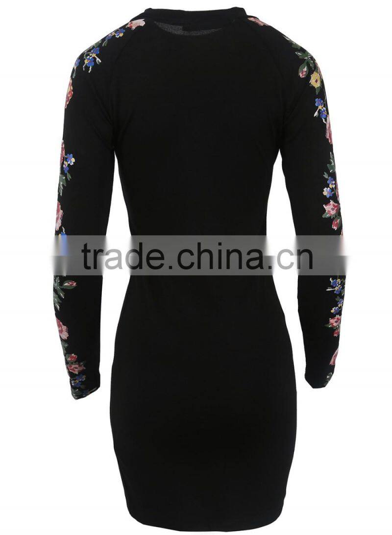 2016 Autumn New Arrival 3D Floral Print Stand Collar Bodycon Dresses Black Long Sleeve Midi Dresses OXL141117