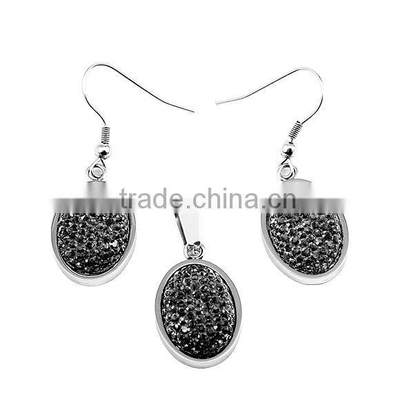 SRS0091 Lady Fashion Black Crystal Paved Stainless Steel Oval Charm Jewelry Set