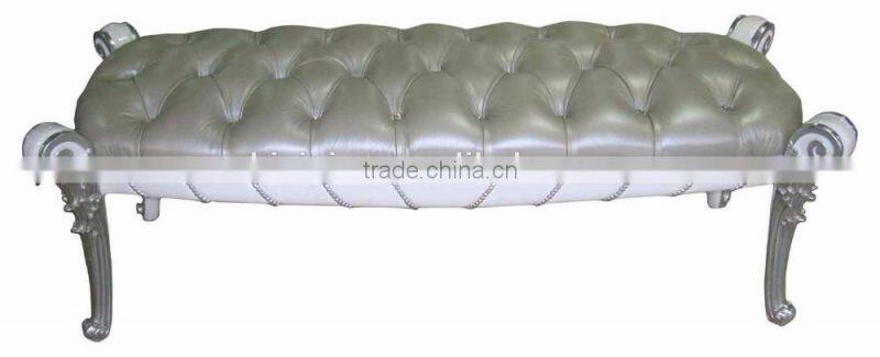 Elegant Crystal Button Tufted Leather Bench, Ornate Fine Carved Beads Decorated Bed End Bench