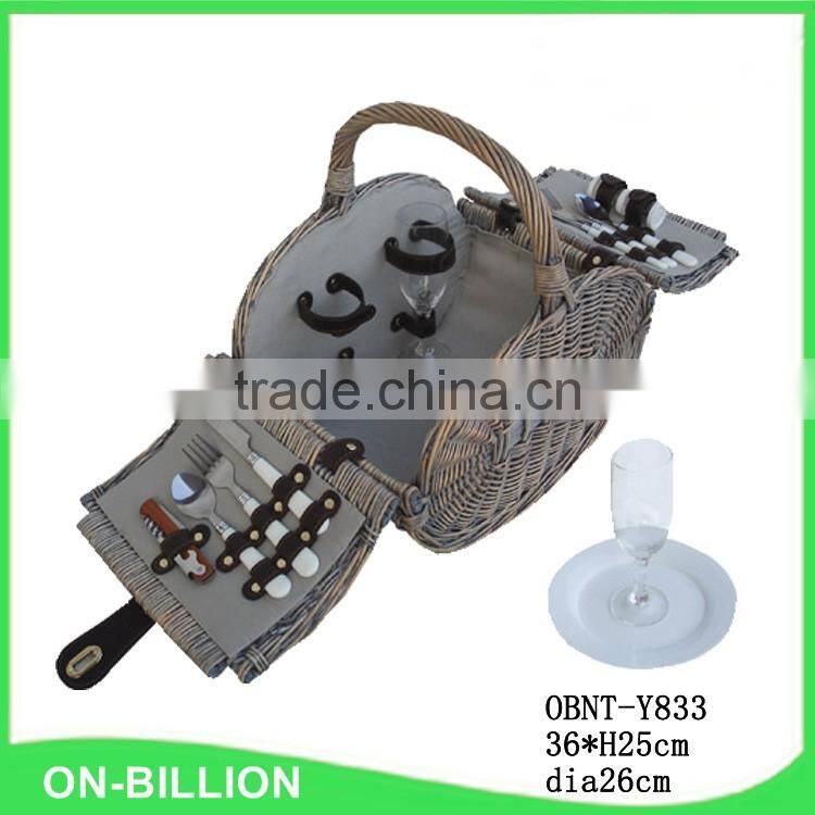 2 person grey round mini wicker flap picnic basket