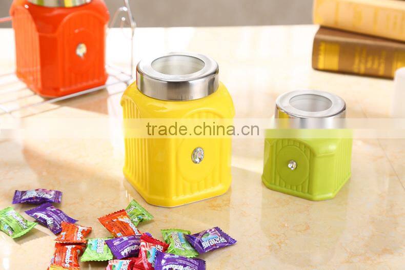 Kitchen ceramic canister set with stainless metal stand