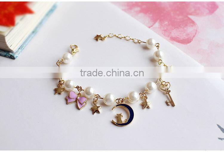 gold cat moon star enamel bowknot heart shape key charms bracelet pearl bead linked bracelet