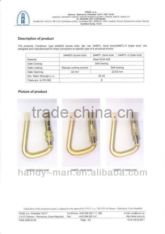 With CE EN362 Certification Steel Classic D Type Quicklock Carabiner