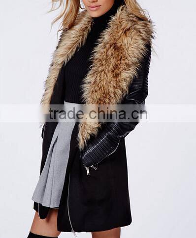 2014 New arrival cool fashion lady FAUX FUR LEATHER BIKER SLEEVE COAT