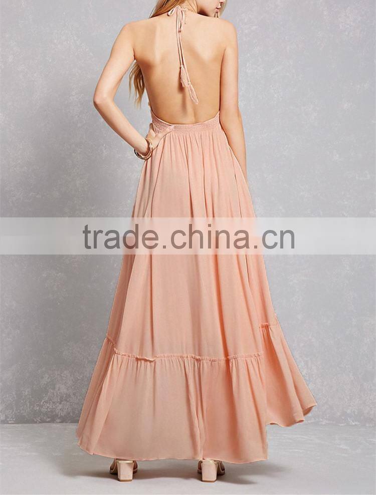Factory Price adjustable tasseled self-tie halter neckline front V-cut open back flowy Crepe Woven Halter Maxi Dress