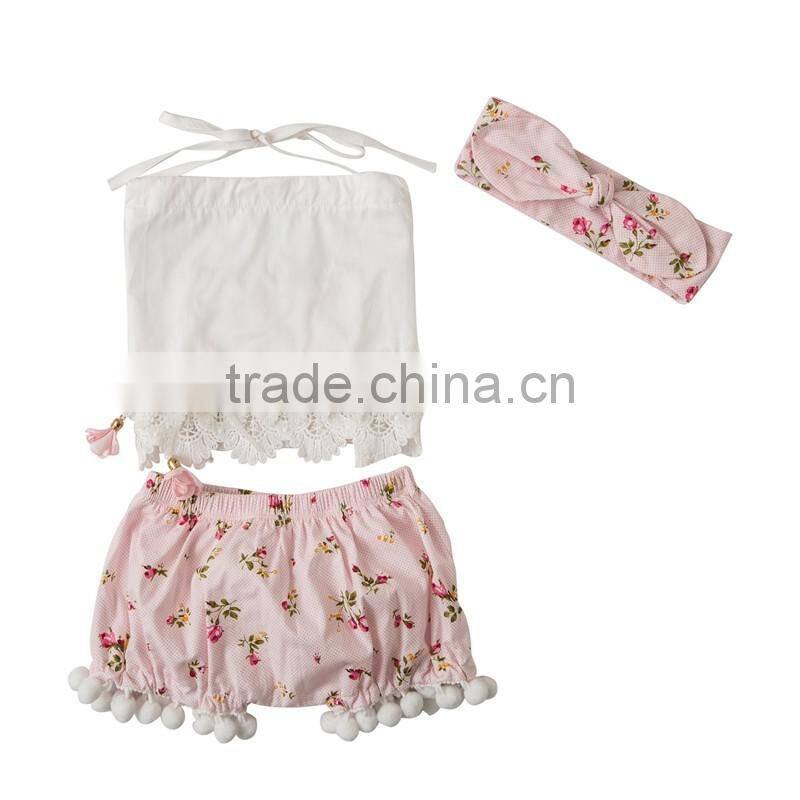 baby lace off shoulder pompom shorts outfits baby clothing