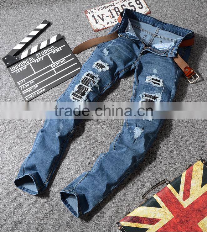 2016Men biker Skinny jeans buttom side zipper knee protection elastic jeans denim Biker jeans pants in stock accept small order