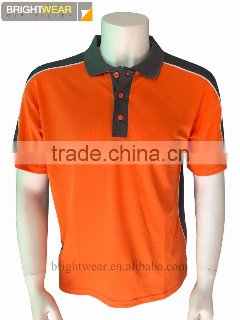 Mens high quality high visibility fluorescent short sleeve contrast rib collar micro mesh safety polo tshirt