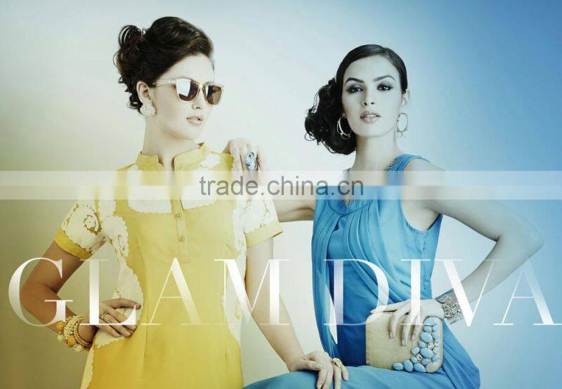 Salmon and Red color with Gold flakes neck design Vogue Designer Kurtis