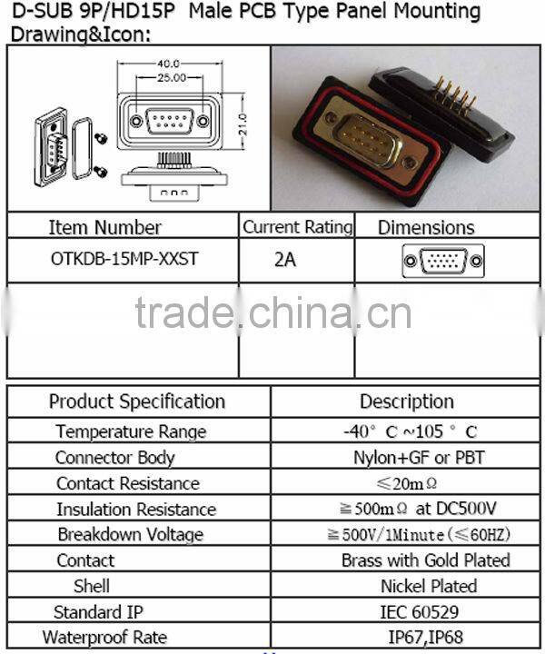 D-SUB 9P/HD15P male PCB type panel mounting Waterproof Connector