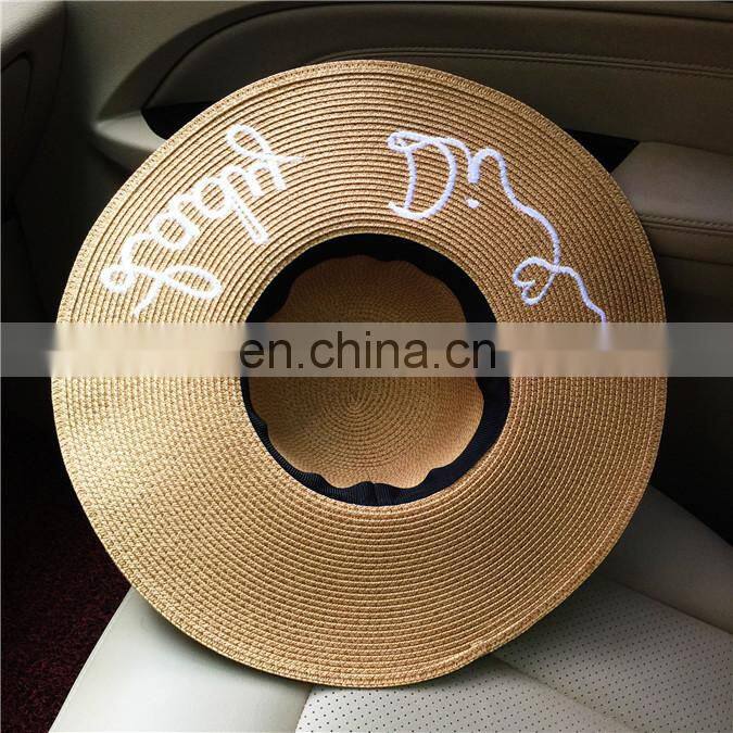 Letters Embroid Large Eaves Straw Hat Vogue Sunshade Sandbeach Hat