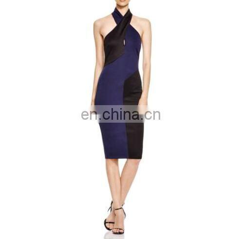 2017 Contrast Black and Navy Off Shoulder Cut Out Lace Up Elegant Fitted Causal Career Dress