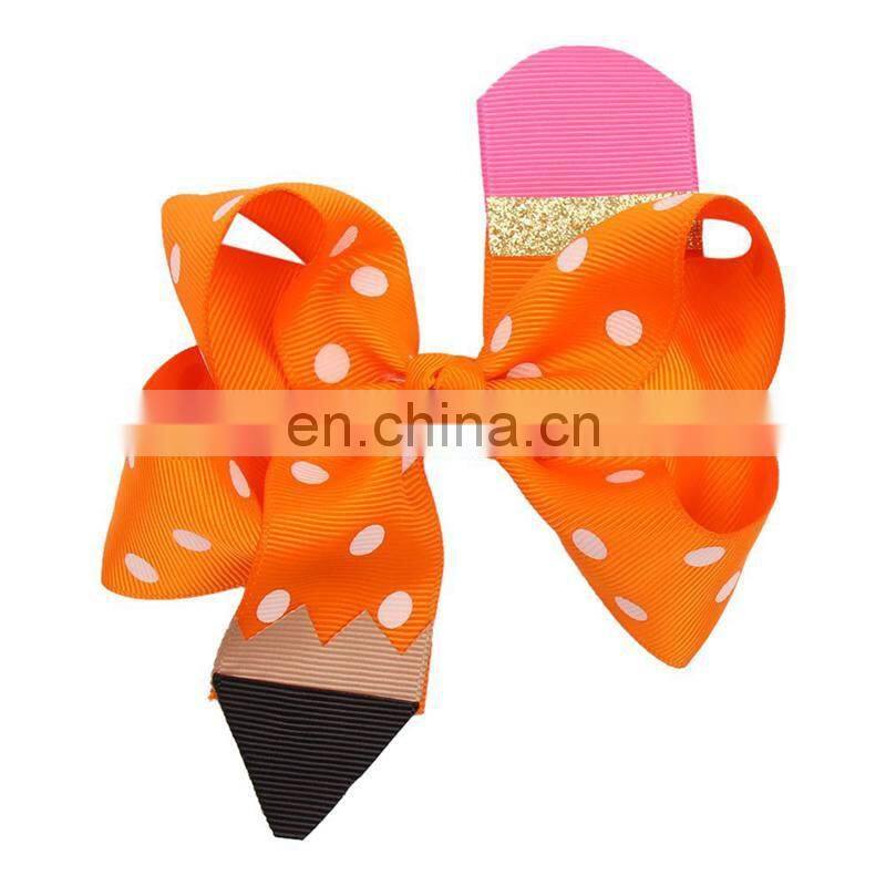 free 6''*4.5" Pencil Print Hair Bows for Girls Back to School Supplier Hairgrips Pen Quality Ribbon Bows Clips Kids Headwear
