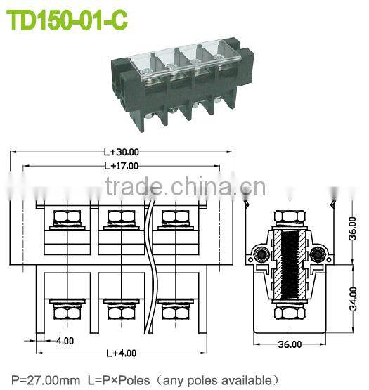 Through Panel Power Terminal Blocks Connectors with Any Poles 600V 150A