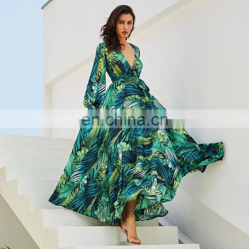 Ladies sexy holiday dress irregular floral print bohemian dress deep V big swing beach dress plus size