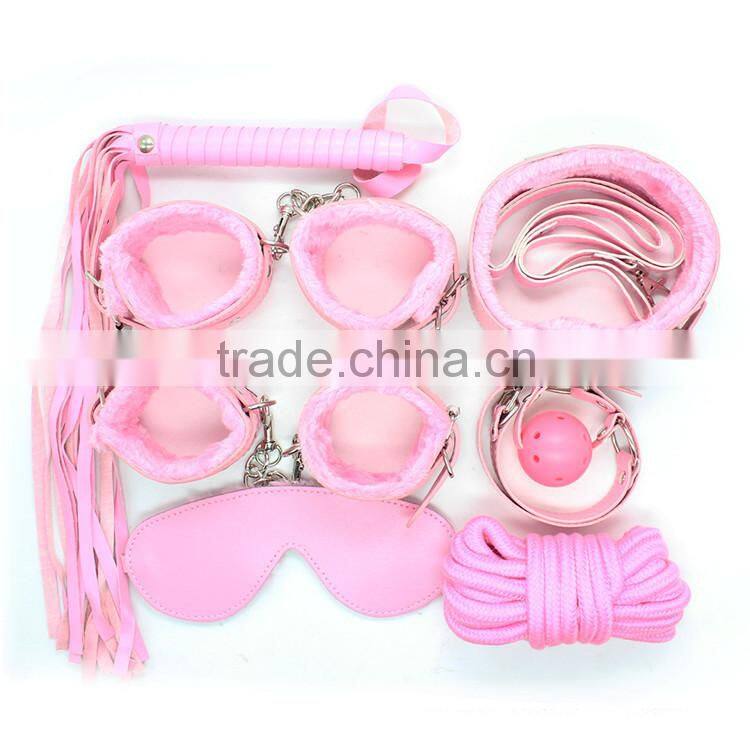 2016 Top Selling Fetish Leather Male Bondage Flirt 7 Sets in 1 Handcuffs Legcuffs Gag Eye patch whip Rope Collar Adult Games Toy
