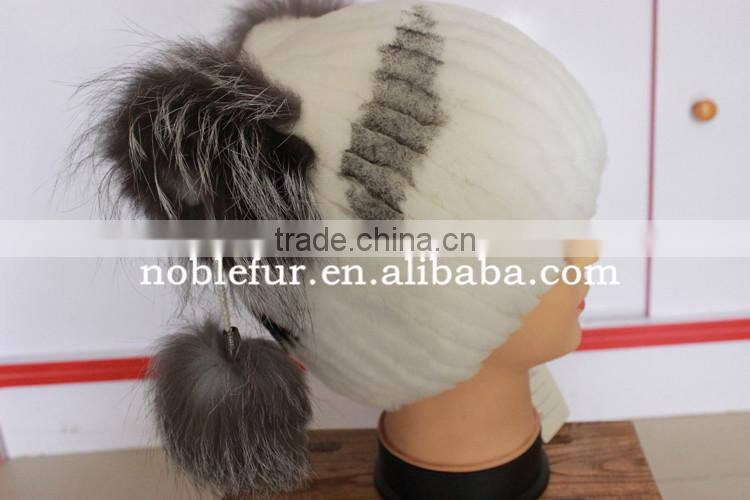 cute rabbit fur with silver fox fur winter pompom headwear for young girls