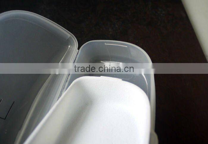 Plastic eyeglass case with logo and cloth