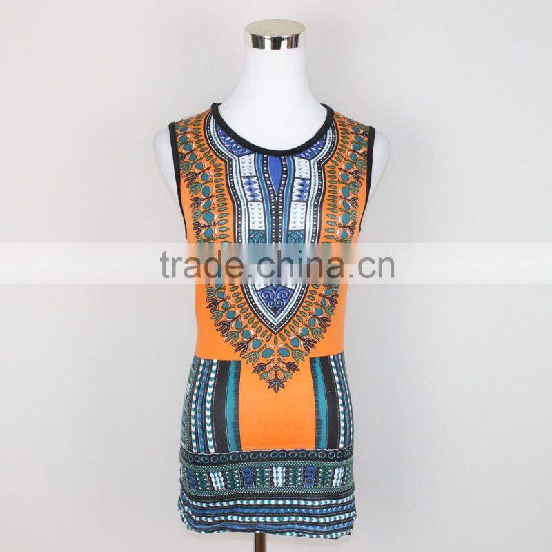 Hot sales digital printing fashion women dashiki sleeveless tops