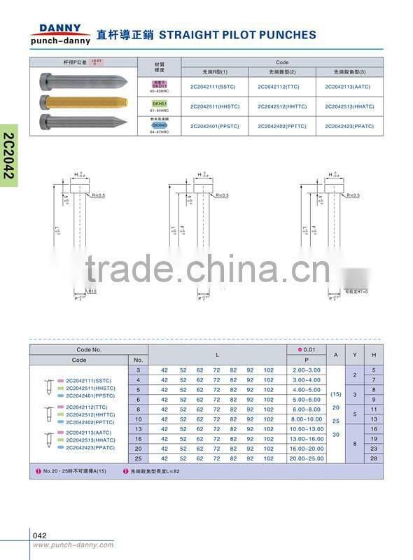 Straight Pilot Punches for Fixing to Stripper Plates Tip R and Taper Combined type, Minus Head tolerance, Normal, Lapping, TiCN