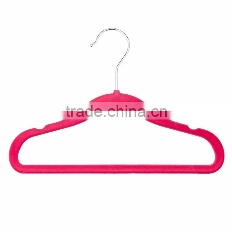 Pink Color Children Size Flocked Velvet Kids Hangers - Super Slim, No Slip, Non Wrinkle with U Notch Shoulder