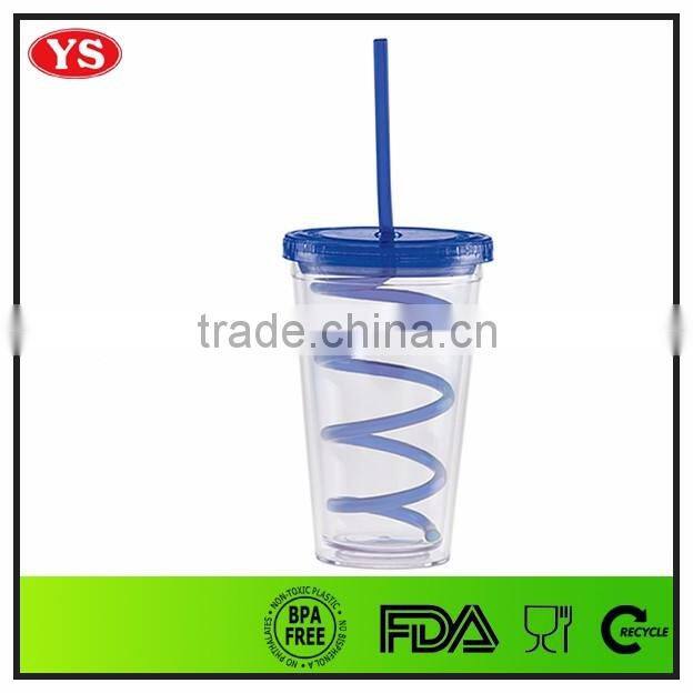 16oz bpa free double wall plastic cup with spiral straw
