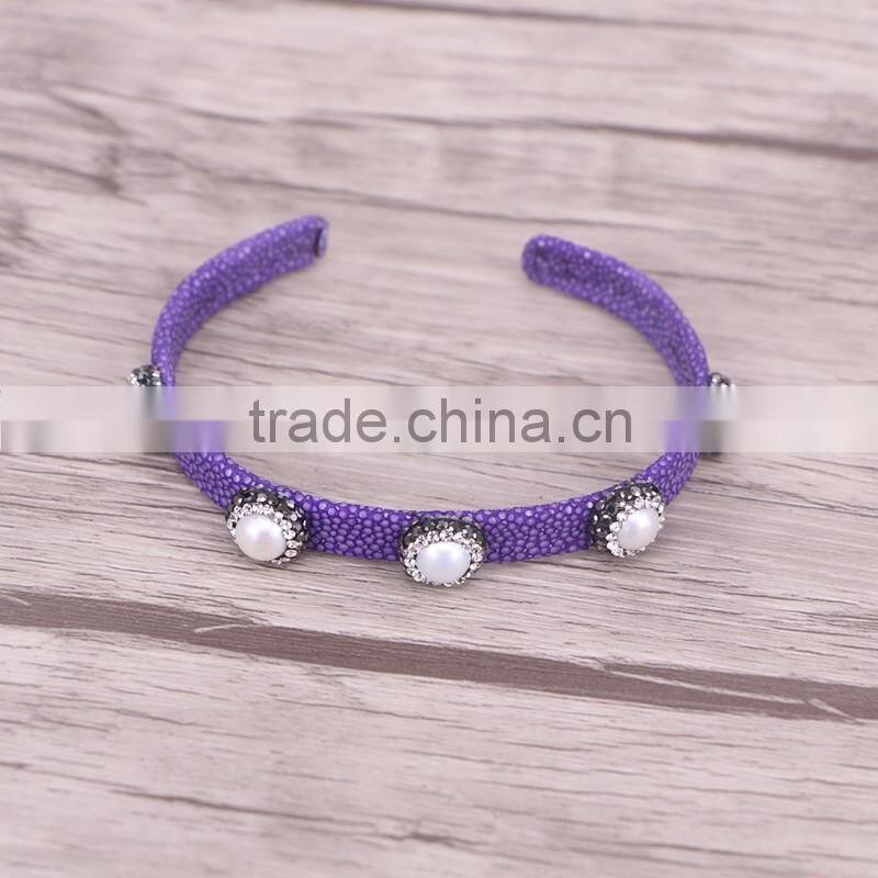 Purple Color Fish Skin Bracelet, with Pave Crystal Freshwater Pearl Bead Leather Cuff Bangle