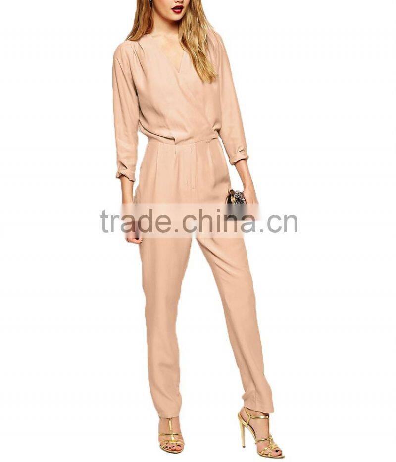 Long sleeve v-neckline pink wrinkled elastic elegant women long jumpsuit