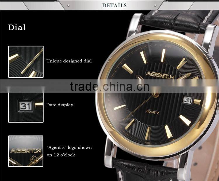 Golden Steel Case Black Dial Reloje Date Display Quartz Analog Leather Band Men Watch
