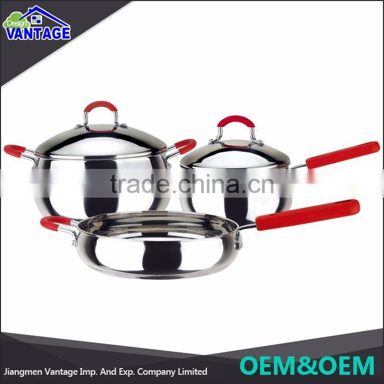 Good quality wholesale mirror polish 3pcs cookware stainless with silicone handle