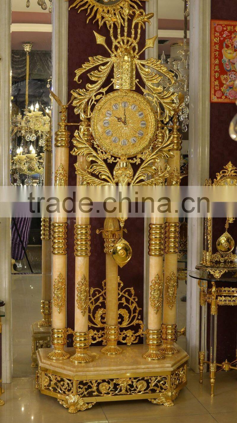 Onyx Tube Antique Grandfather Clock, Copper Mounted Clock, 24K Gold Pendulum Decorated Clock