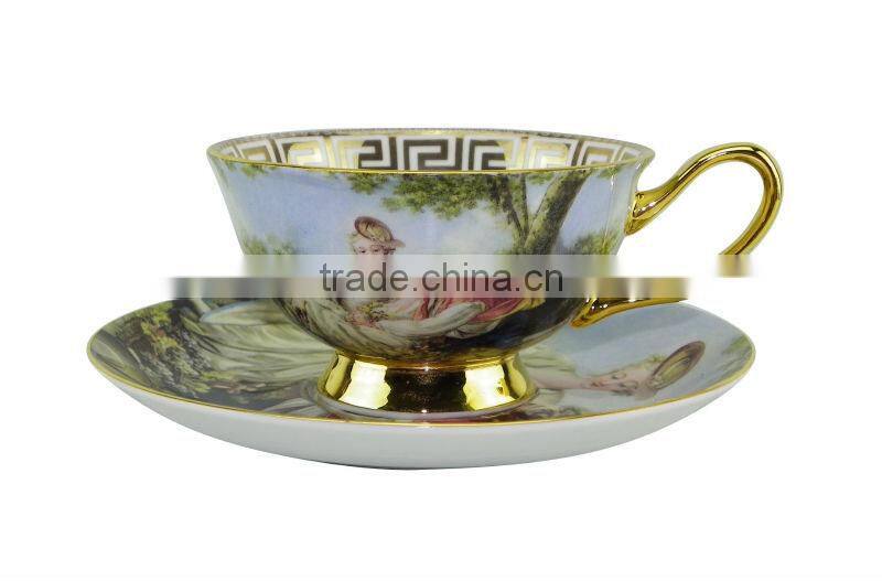 High Quality New Product Bone China 200ml Bone China European style Lady Pattern coffee cup with Saucer Set for Wedding Gift