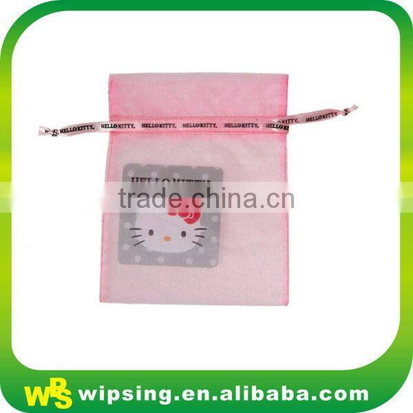 White Organza Pouch with Printed Ribbon Drawstring