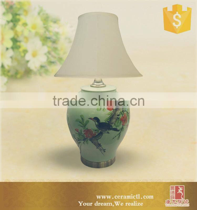 Chinese ceramic lamp flower painted table lamp with fabric shade
