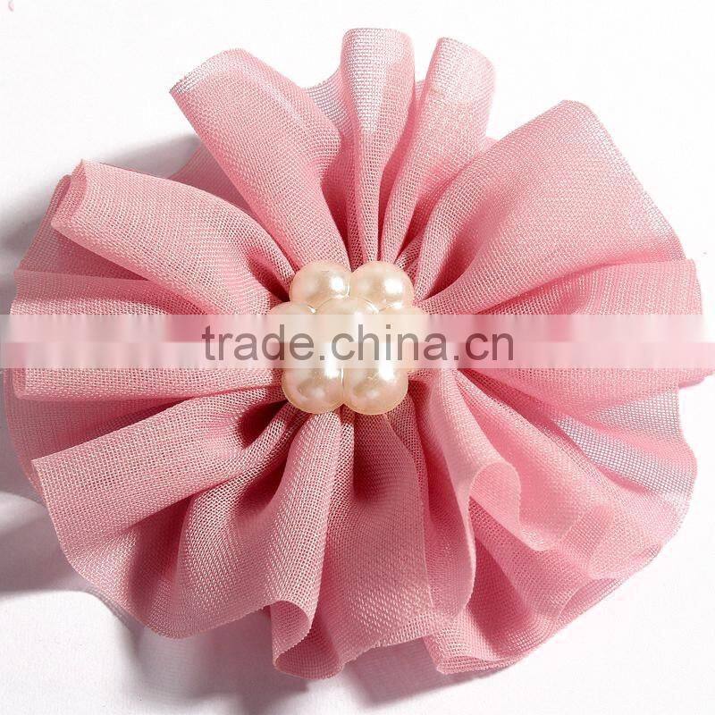 fabric chiffon flower with pearl beads center for kids hair accessories