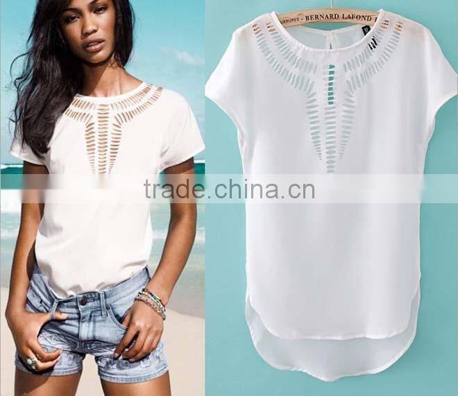NEW 2015 summer Women's Clothing Blouses Shirts Chiffon Front Hollow Out Vintage Short Batwing Sleeve Shirt Top 6 Colors