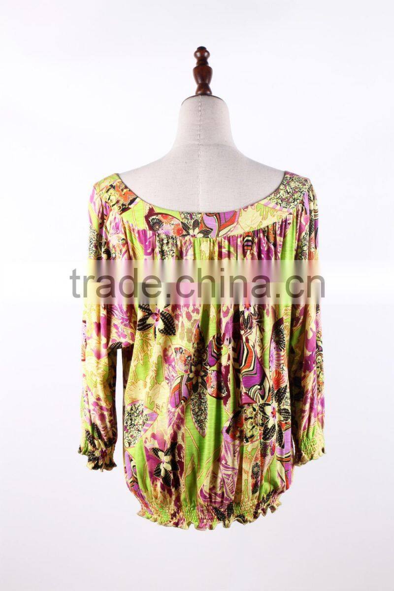 Loose Floral Print Off Neck Ladies Long Sleeve Blouse Designs
